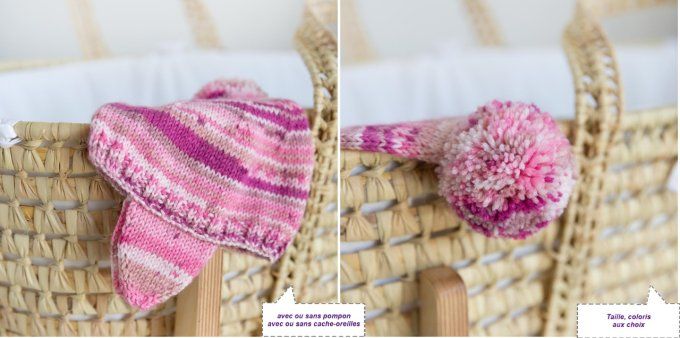 Bonnet à cache oreilles au tricot pour bébé et pompon