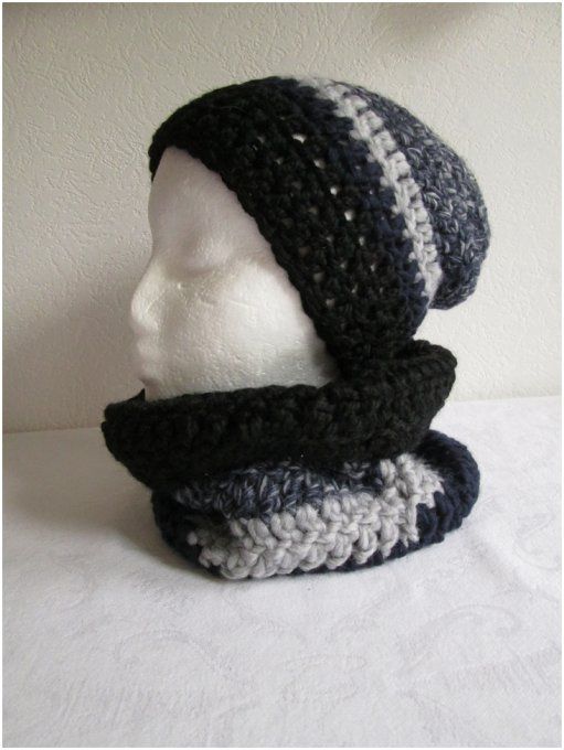 Taille Unique - Snood pour homme ou femme - gris avec bordure gris et noir-  Fait main - tricot fantaisie