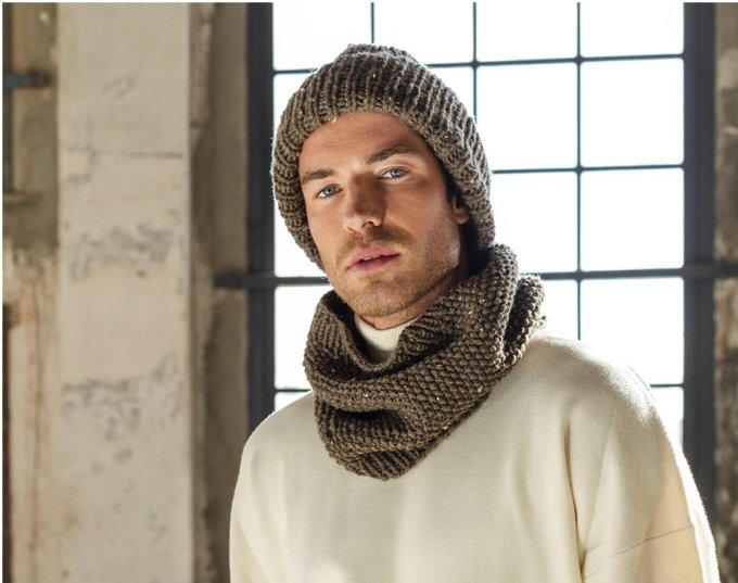 Bonnet homme tricoter en laine tweed avec son revers - Laines-divine