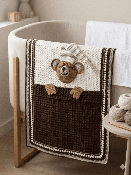 Couverture bébé "fait main" en laine mérinos " Petit Ours au Pays des Rêves 