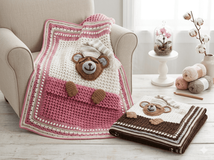 Couverture bébé "fait main" en laine mérinos " Petit Ours au Pays des Rêves 