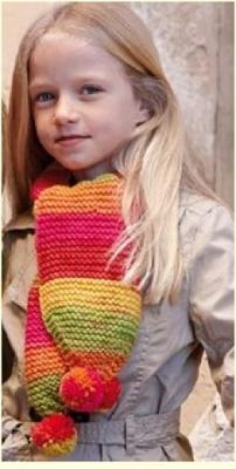 Écharpe enfants tricoter main en laine douce et ses 2 pompons multicolore