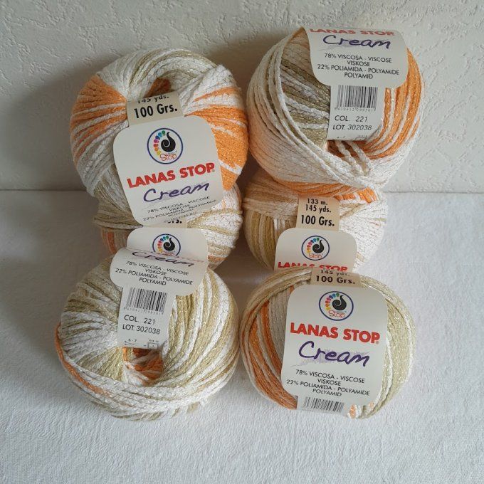 Lot 6 pelotes  laine Lanas Stop CREAM 221 et son modèle gratuit