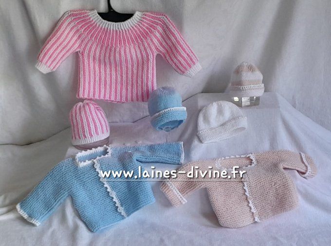 Trousseau Layette naissance en laine 100 % mérinos  couleur aux choix